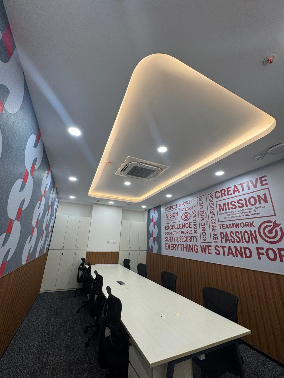 Branded team room with core values graphics